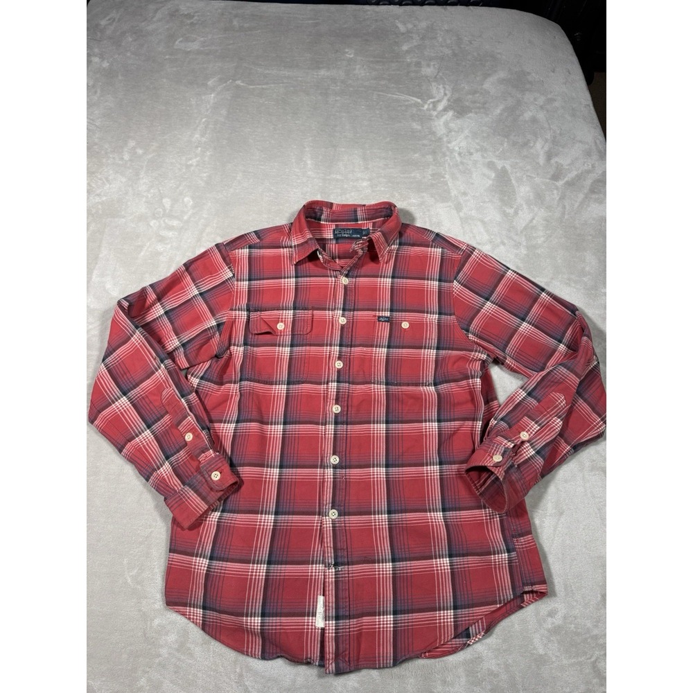 Vintage Polo Ralph Lauren Flannel Camp Shirt Size Large Red Loop Collar Cotton